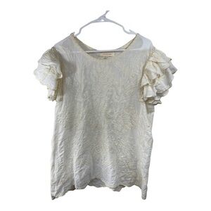 Solitaire Ivory Embroidered‎ Top Size Large Shirt Ruffle Flutter Sleeves Boho